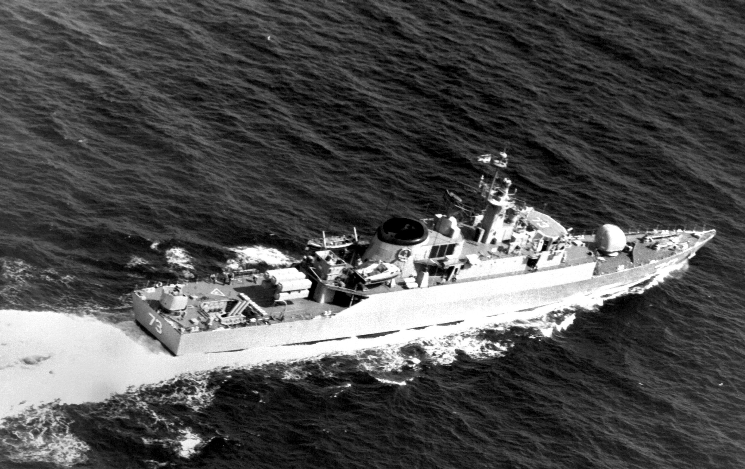 The British-built Iranian frigate Sabalan, commanded by Abdollah Manavi, known as “Captain Nasty” for his attacks on unarmed, often neutral, tankers and merchant ships during the Iran-Iraq War. Manavi boarded these ships under the pretext of a friendly inspection, at times even dining with the ship’s master. Afterward, he would fire on the ship, sometimes aiming at the bridge and living quarters, before transmitting “Have a nice day” over the radio.
