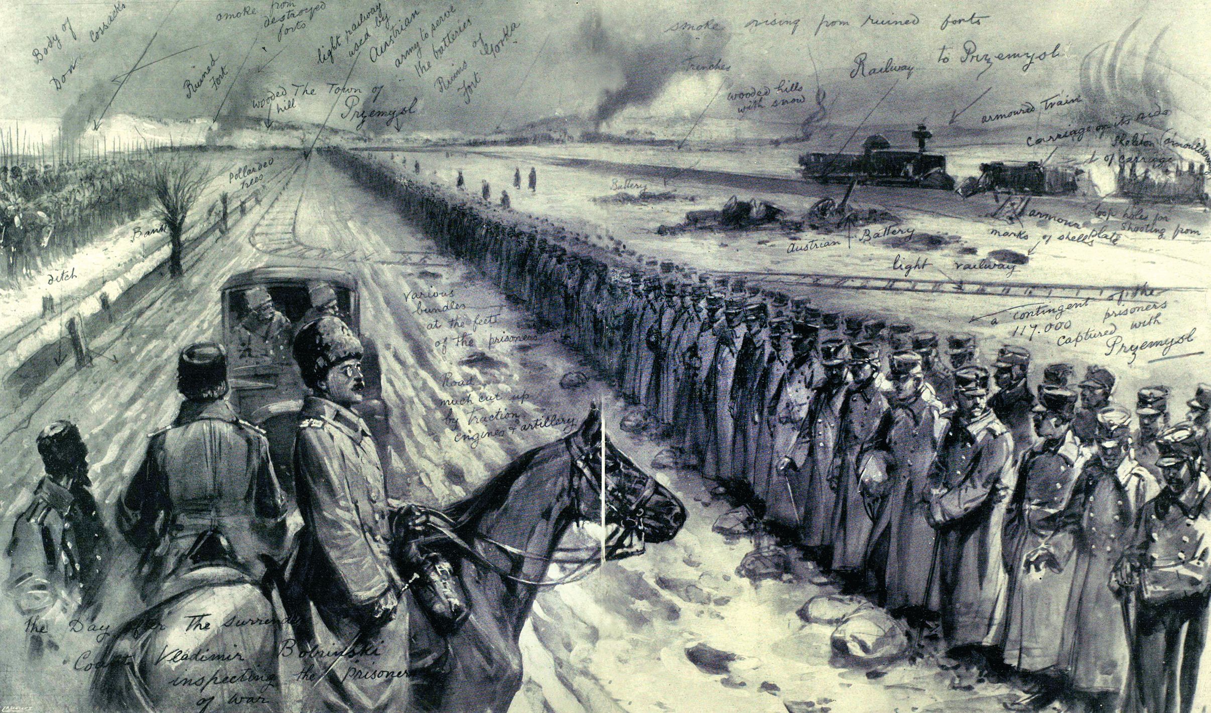 A mounted Russian officer surveys prisoners outside Poland’s fortress-city of Przemyśl in this period newspaper illustration that has been annotated by a reader. Przemyśl’s garrison of 130,000 men consisted mainly of regional Landsturm (territorial) brigades composed of middle-aged Austrian Germans, Hungarians, Romanians, Serbs, Slovaks, Czechs, Italians, Poles, and Ruthenians (Ukrainians). Some 110,000 of them were taken prisoner when the fortress fell.