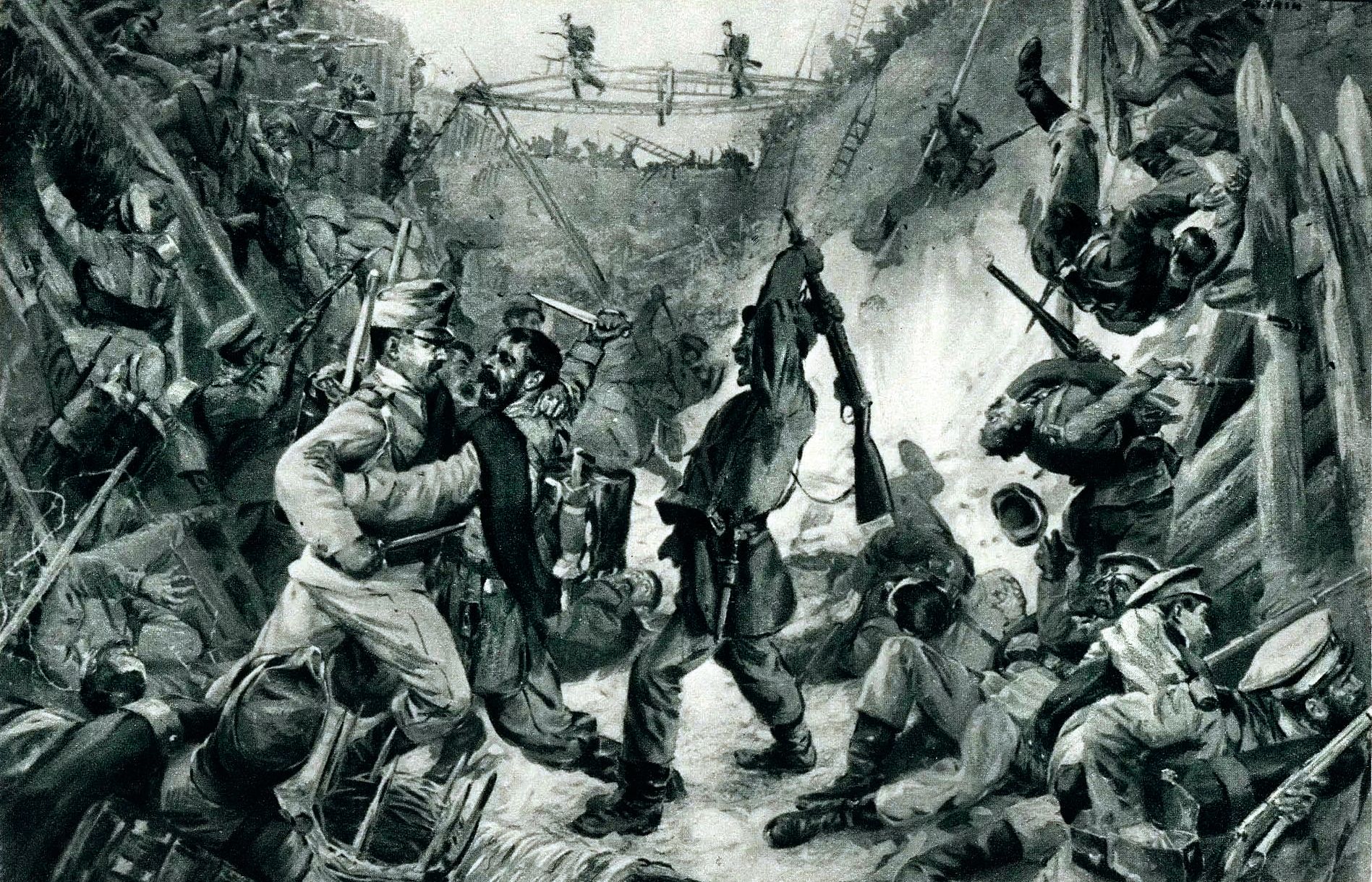 Russians and Austrians in hand-to-hand combat in an Austrian trench at Przemyśl in this German news illustration from 1914. Near the end of the first siege of Fortress Przemyśl (September 16-October 11, 1914), Russians penetrated some of the outermost defenses around Fort I/1 leading to two bloody hours of fierce fighting. Some 250 men of the Crimean Regiment managed to get across a defensive ditch into the fort, but were held off until reserves came to the rescue.