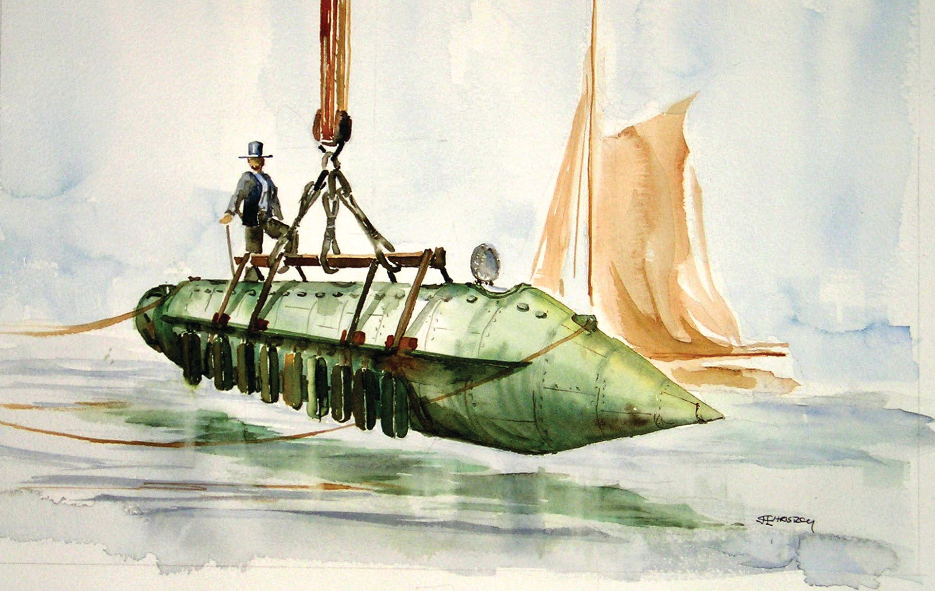 Built to counter Confederate blockade runners like the CSS Virginia (formerly USS Merrimack), the U.S. Navy’s first submarine, USS Alligator, is lowered into the water.