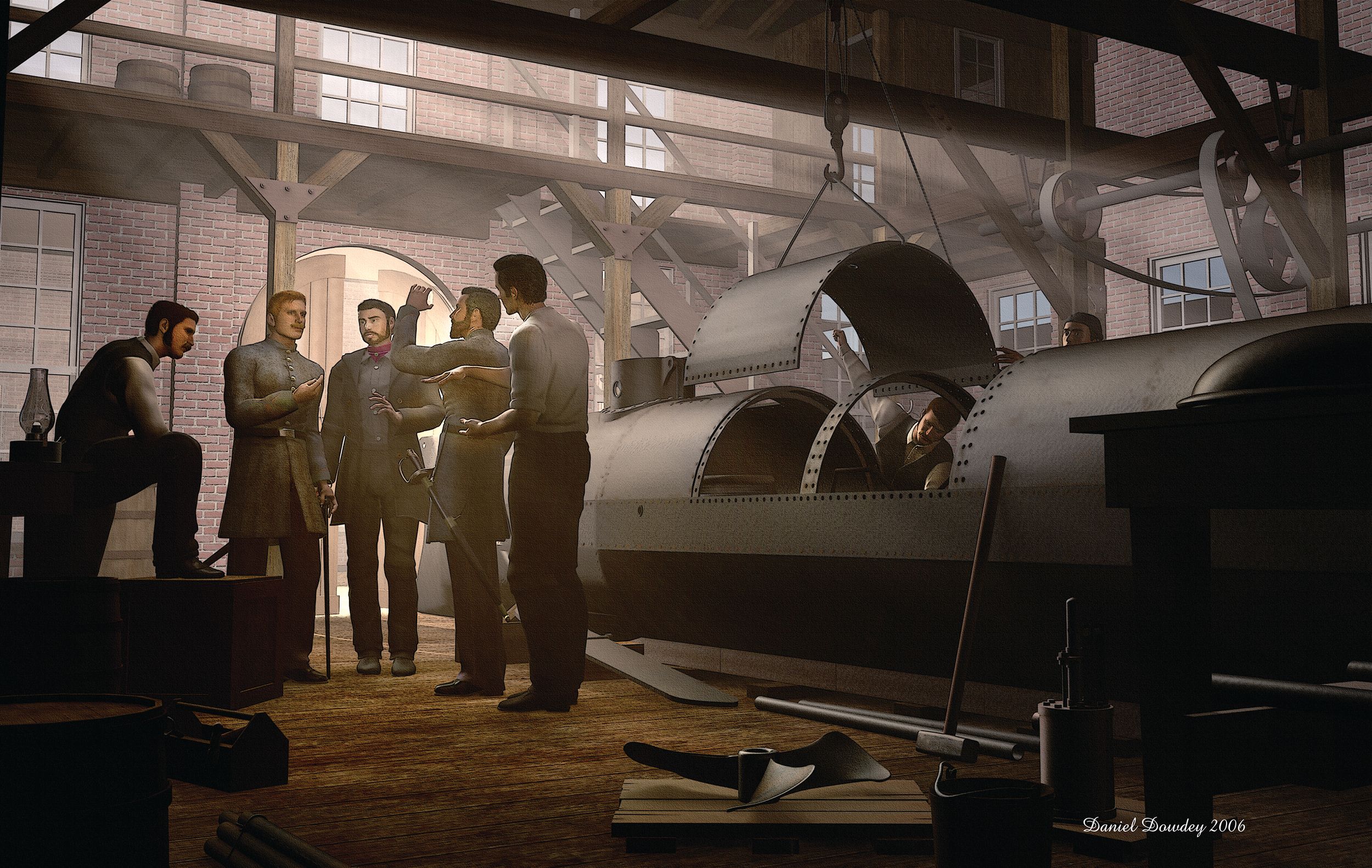 In the Park and Lyons Machine Shop in Mobile, Alabama, builders begin work on a third Confederate submarine, factoring in lessons learned during tests of the Pioneer (scuttled to prevent her from falling into Federal hands) and American Diver (foundered and sank). The new vessel, named after its committed benefactor H.L. Hunley, would become the first combat submarine to sink a warship (USS Housatonic).