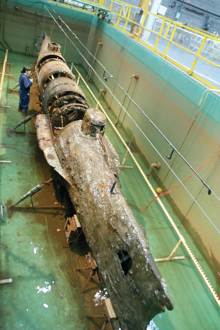The remains of the Confederate submarine H.L. Hunley in its preservation tank at the Warren Lasch Conservation Center of the Clemson University Restoration Institute.