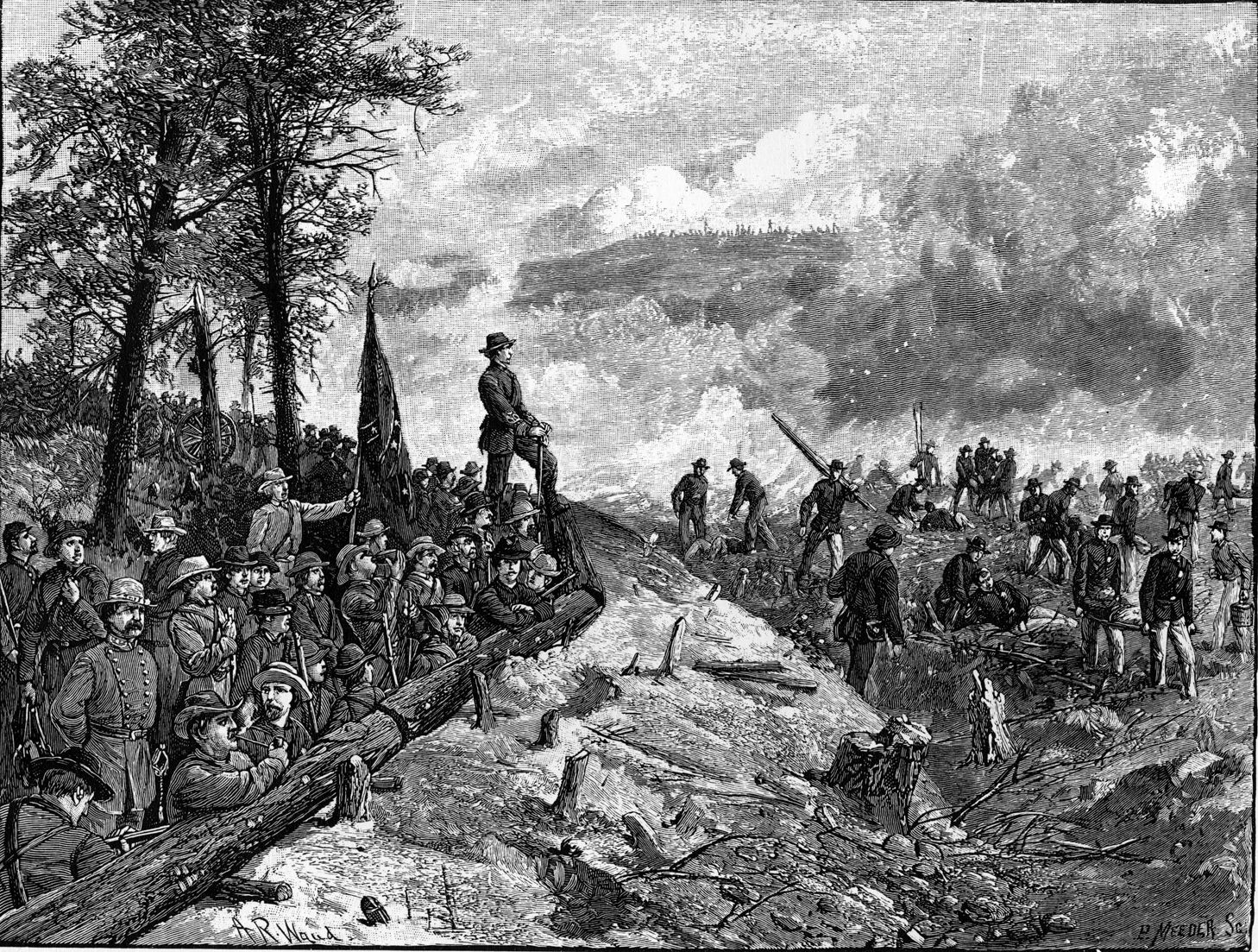Confederate Colonel William Martin of the 1st/15th Arkansas Regiment (Consolidated), shown standing on the parapet, waved a white handkerchief to signal a halt to the fighting after the repulse of the Union attack in front of his section of the entrenchments. The brief ceasefire allowed both sides to move the wounded out of harm’s way.