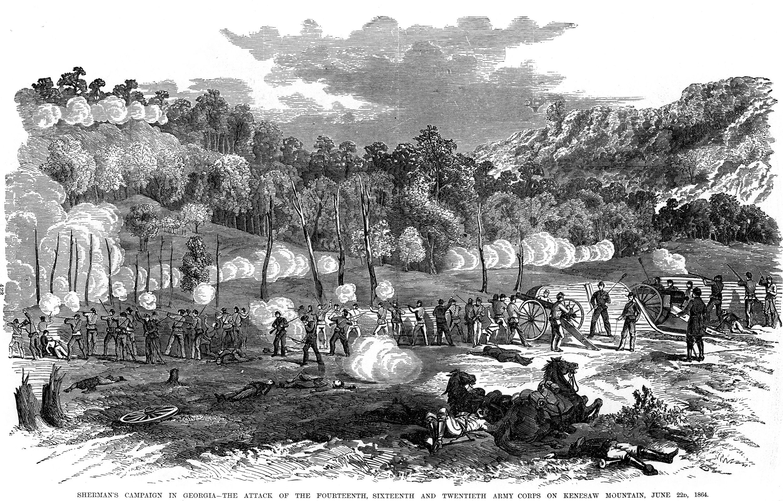 Union soldiers advance over rough ground against the Confederate breastworks on the high ground in a period engraving. Following their failed assaults, Union brigades had to endure additional casualties withdrawing from exposed positions.