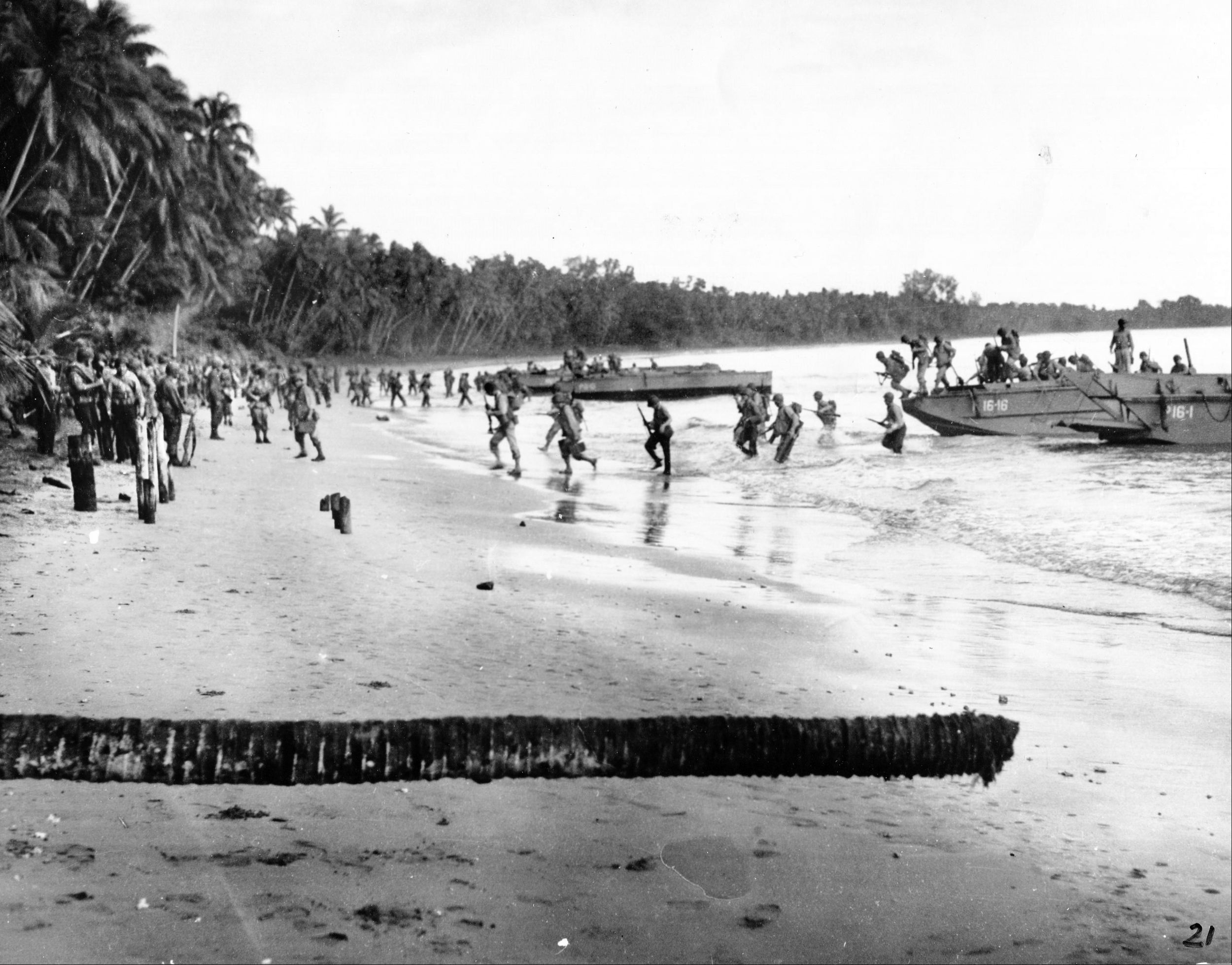 The U.S. Marine 2nd Raider Battalion hits the beach behind Japanese lines on Guadalcanal during Operation Watchtower on August 7, 1942. America’s first offensive of World War II had its issues, among them Maj. Gen. Alexander Vandegrift’s complaint that some of his battalion commanders moved too slowly. 
