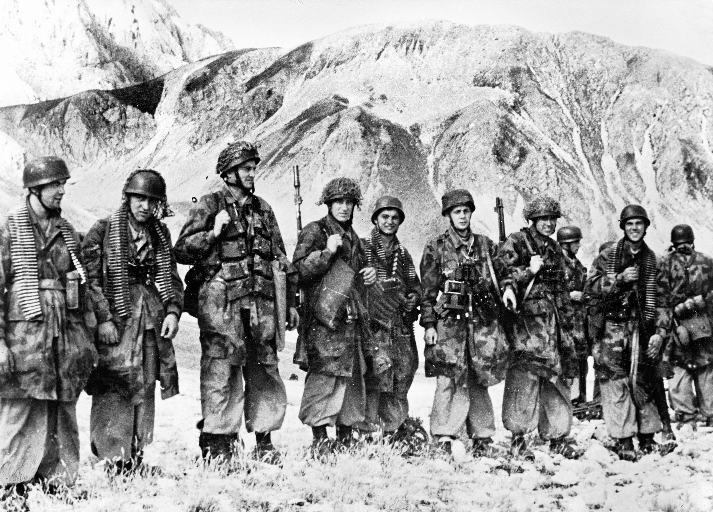 Fallschirmjäger photographed on September 12, 1943, shortly after freeing Italian dictator Benito Mussolini from a mountain hotel on Gran Sasso in central Italy. Operation Oak was originally meant to be an airborne mission, but soon other Nazi organizations were assigned to the operation, including German intelligence (Abwehr) and Waffen-SS units—who presumably brought the camera. SS Capt. Otto Skorzeny, photographed with the Fascist leader multiple times, was given credit for the success of the Gran Sasso raid.