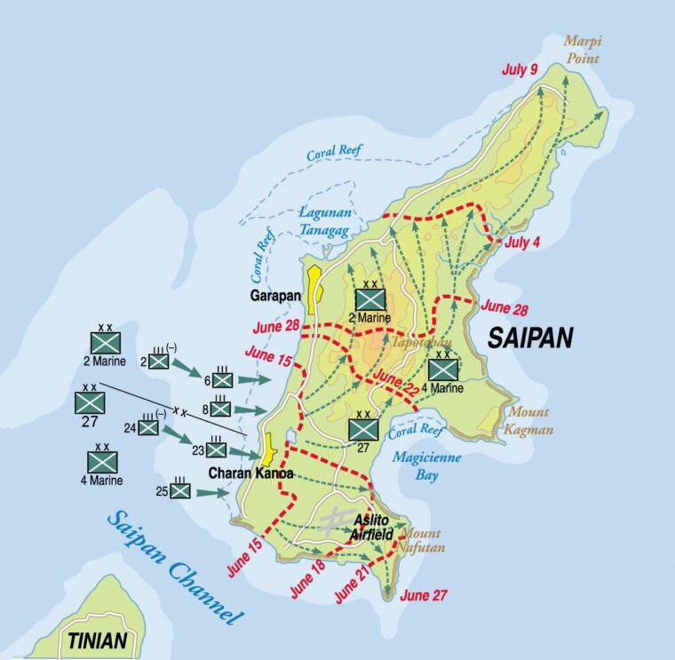 Some 30,000 Japanese military personnel died defending Saipan, part of its Absolute National Defense Zone. The loss forced Japan’s government to admit to its people for the first time that the war was not going well.