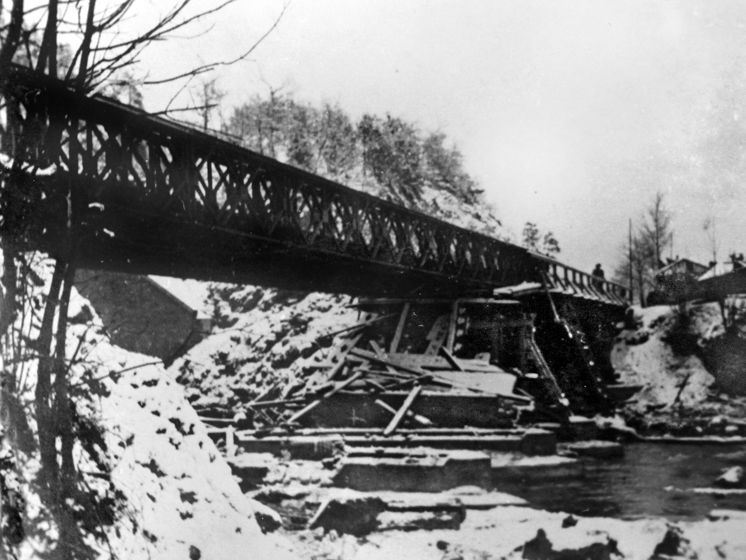 A Bailey Bridge spans the Ambleve River in Trois Ponts, Belgium, a village that elements of Task Force Lovelady held as others sought to squeeze Kampfgruppe Pieper, cut off in nearby La Gleize.