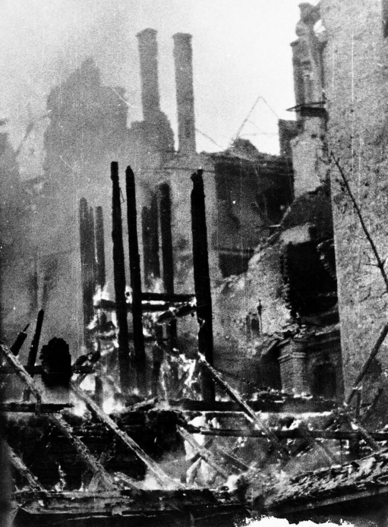 Burning, bombed-out buildings were a daily sight for American photographer Julien Bryan as he documented the suffering of Poland’s capital city during the German invasion of 1939.