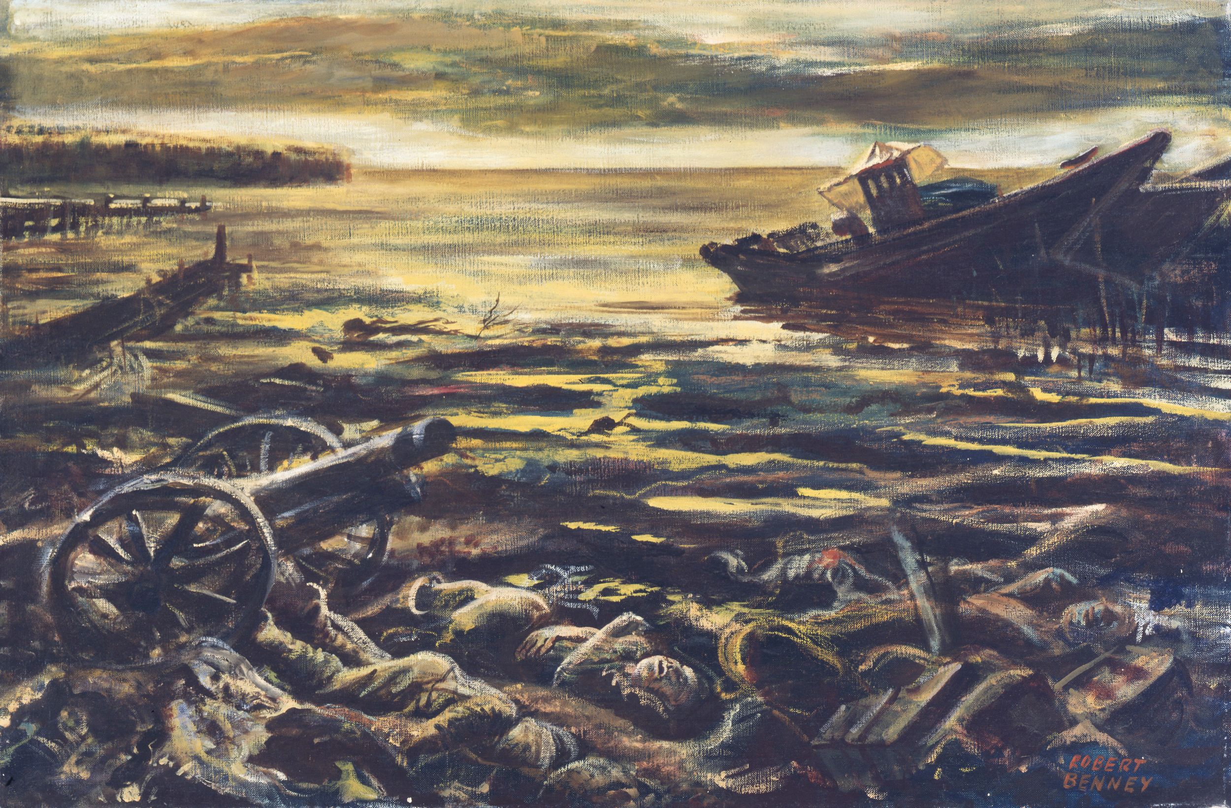 The Morning After the Saki Run (The Beach at Tanapag Harbor, Saipan, 07 July 1944), by combat artist Robert Benny shows the bodies of Japanese soldiers and their discarded weapons lying in heaps following a failed suicide charge on the island of Saipan. “This is the scene that greeted the survivors of the 27th Division after the famous big Banzai,” Benny recalled. “That night the cries of American wounded were heard when the saki-mad Japanese over-ran our perimeter aid stations and showed no mercy to the defenseless wounded.”