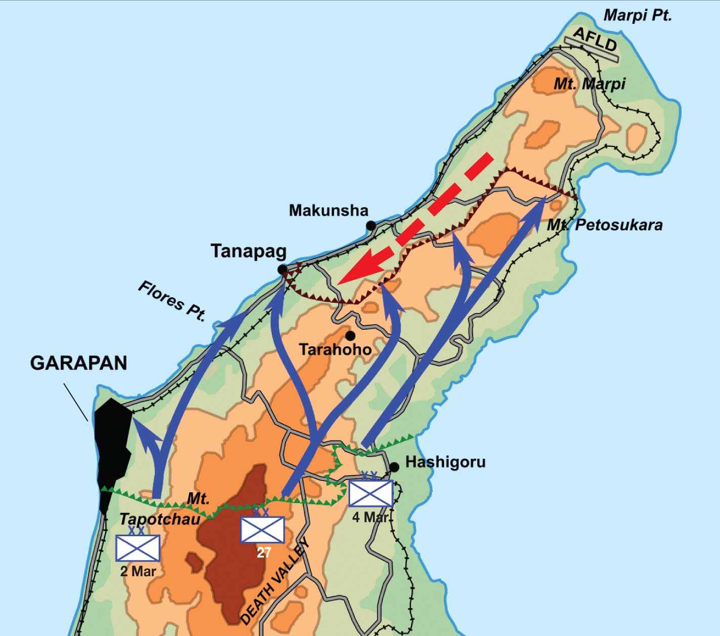 Some 3,000-4,000 Japanese combatants from various units initiated a ritual gyokusai suicide attack on July 7, 1944 (red arrow). Cut off from outside ammunition and supplies, some troops were only armed with sharpened sticks, knives or bayonets. The goal of the attack was to die honorably in battle while killing as many of the enemy as possible. 