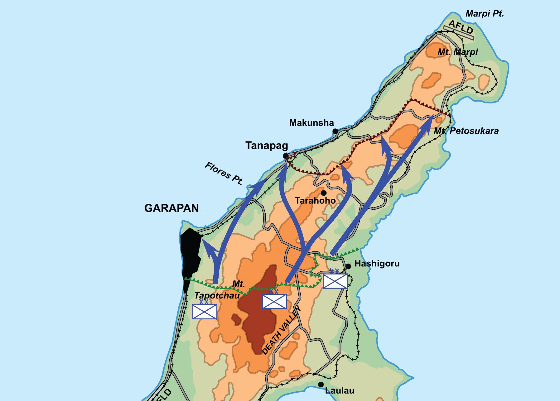 Some 3,000-4,000 Japanese combatants from various units initiated a ritual gyokusai suicide attack on July 7, 1944 (red arrow). Cut off from outside ammunition and supplies, some troops were only armed with sharpened sticks, knives or bayonets. The goal of the attack was to die honorably in battle while killing as many of the enemy as possible.