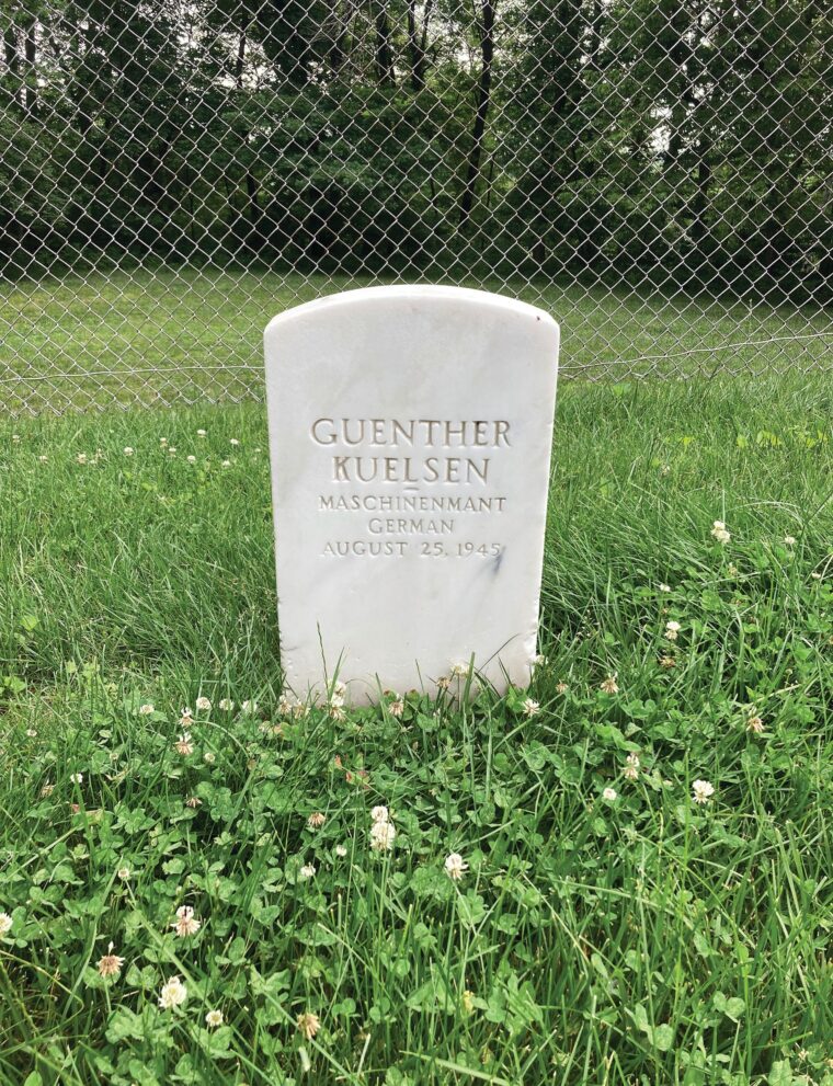 The grave of seaman Guenther Kuelsen, who served aboard U-615, in a cemetery at Fort Leavenworth, Kansas. Kuelsen was one of the seven German POWs convicted in a military court and hanged August 25, 1945, for the murder of Werner Drechsler at POW Camp Papago Park in Arizona on March 13, 1944.