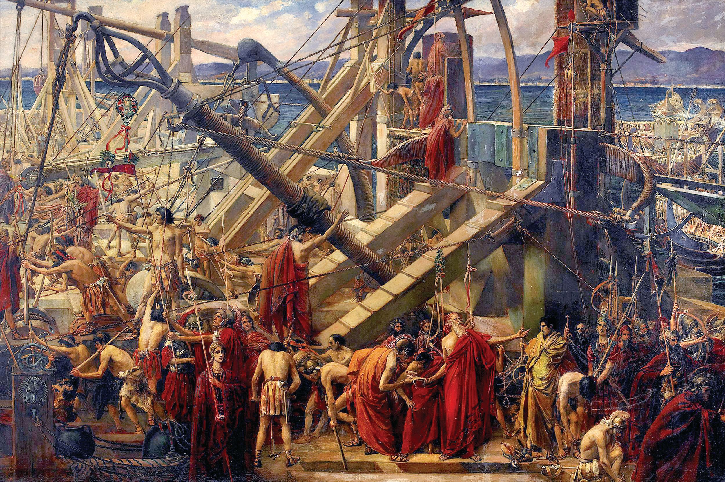 The white-bearded Archimedes (bottom, right), Greek mathematician, physicist, engineer, astronomer, and inventor, directs the defense of his home city of Syracuse against the Roman attack.