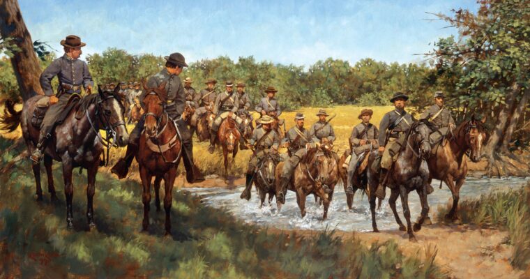 Confederate Brigadier General John McCausland’s cavalry brigade, part of Jubal Early’s Army of the Valley, fords the Monocacy River on July 9, 1864, a few miles south of Frederick, Maryland. Greatly outnumbered, Union Gen. Lew Wallace set up a defensive line at Monocacy Junction to delay Early’s approach to Baltimore or Washington.