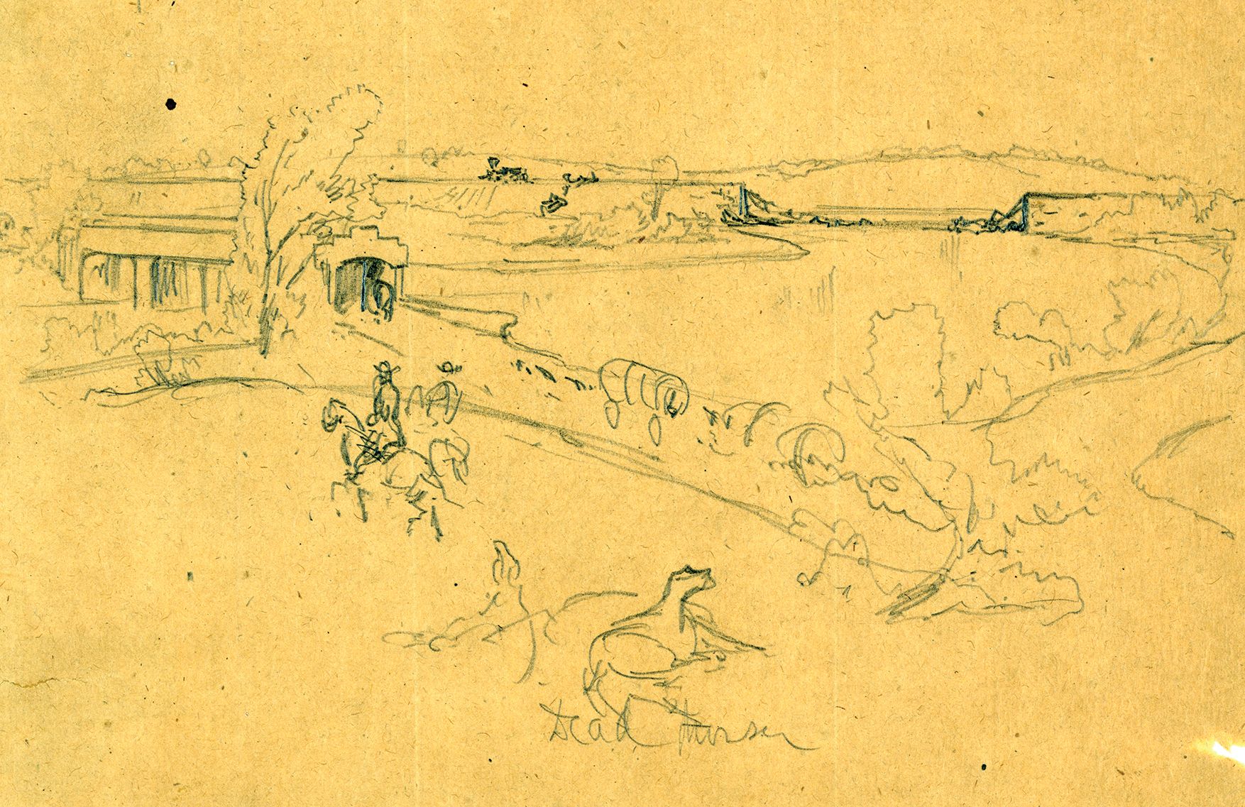Harper’s Weekly war artist Alfred Waud made this quick sketch on July 9, 1864, of the Baltimore & Ohio Railroad bridge over the Monocacy River (right) destroyed by Confederate troops during Maj. Gen. Jubal Early’s “Raid on Washington.” The Georgetown Pike leading to Washington went over the river via the covered bridge on the left. 