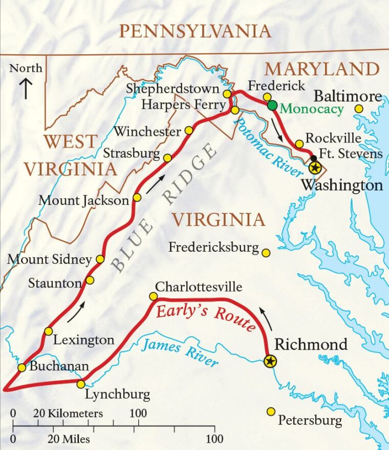 Confederate Gen. Jubal Early’s route from Richmond, through the Shenandoah Valley, to Washington in June/July 1864.