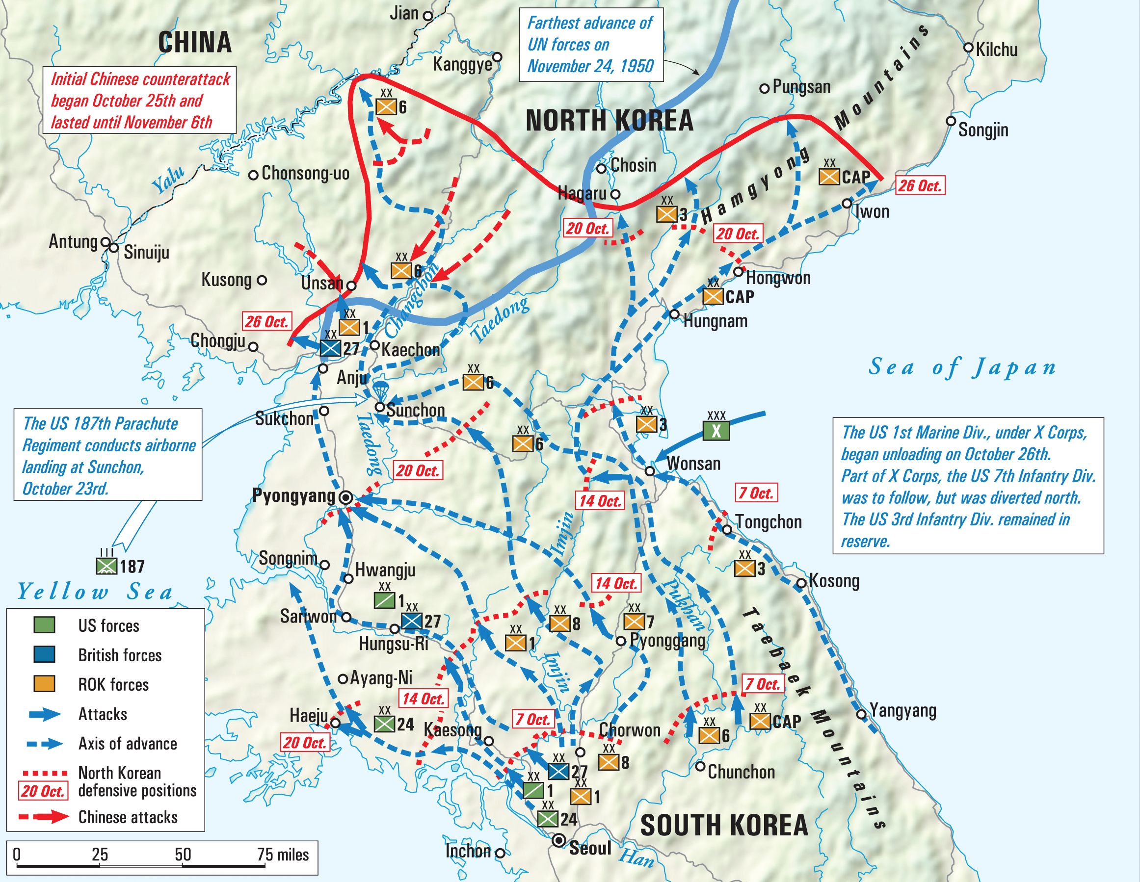 United Nations forces under the command of U.S. General Douglas MacArthur made a successful amphibious landing at Inchon on September 15, 1950, and went on to drive the North Koreans back across the 38th parallel by the end of the month. Believing he could achieve a decisive victory and unify Korea, MacArthur pushed his forces north toward the Chinese border. By late November, more than 200,000 Communist Chinese soldiers had the U.N. forces in retreat. 