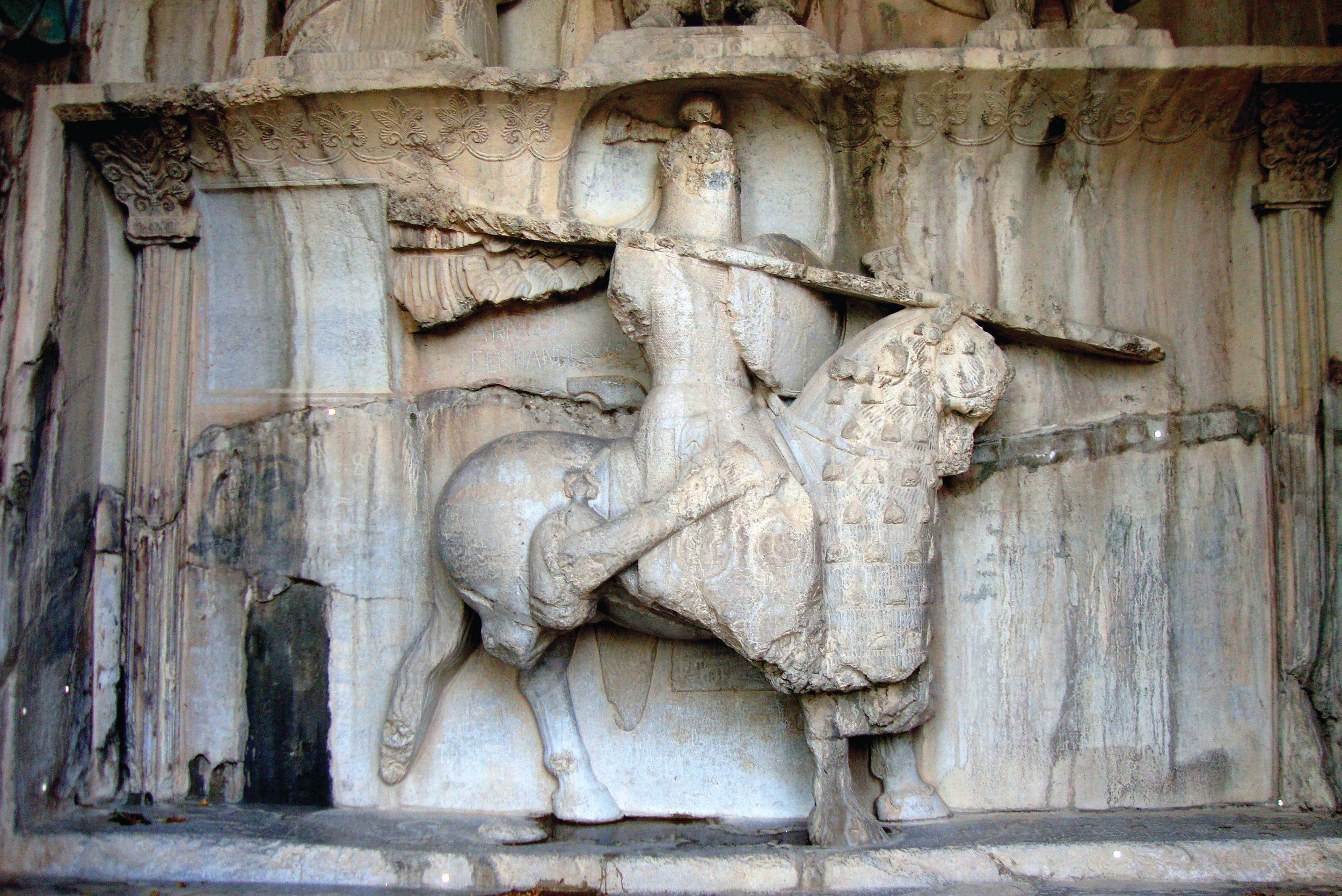Chosroes II, “the Invincible,” shown as a cataphract—armored heavy cavalrymen—riding his famous black stallion Shabdiz (“Midnight”) in a sculpted relief from Taq-e-Bostam, Iran, from the late 6th or early 7th century BCE. 
