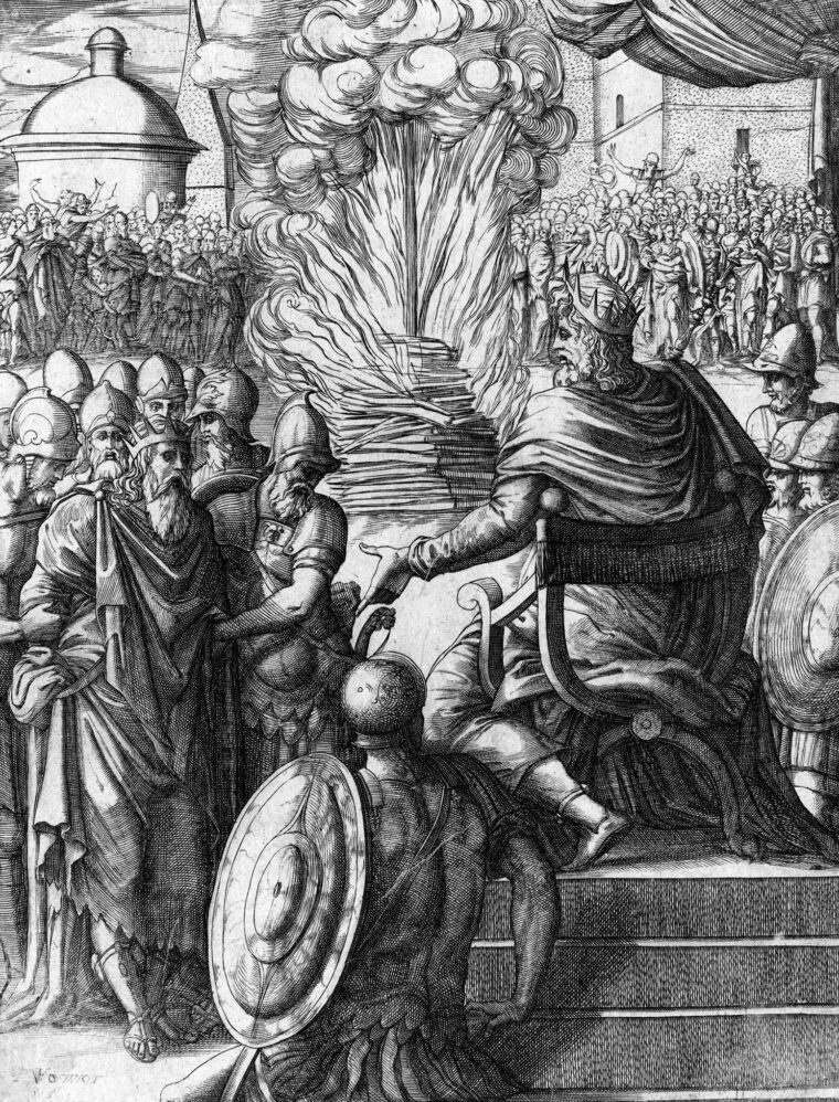 Heraclius Sentencing the Tyrant Phocas, an engraving by the 16th-century French artist Pierre Woeiriot. Phocas may have been betrayed by his son-in-law, Priscus, commander of the Imperial Guard, who let Heraclius into Constantinople. Upon seizing Phocas, Heraclius is believed to have immediately beheaded him. 
