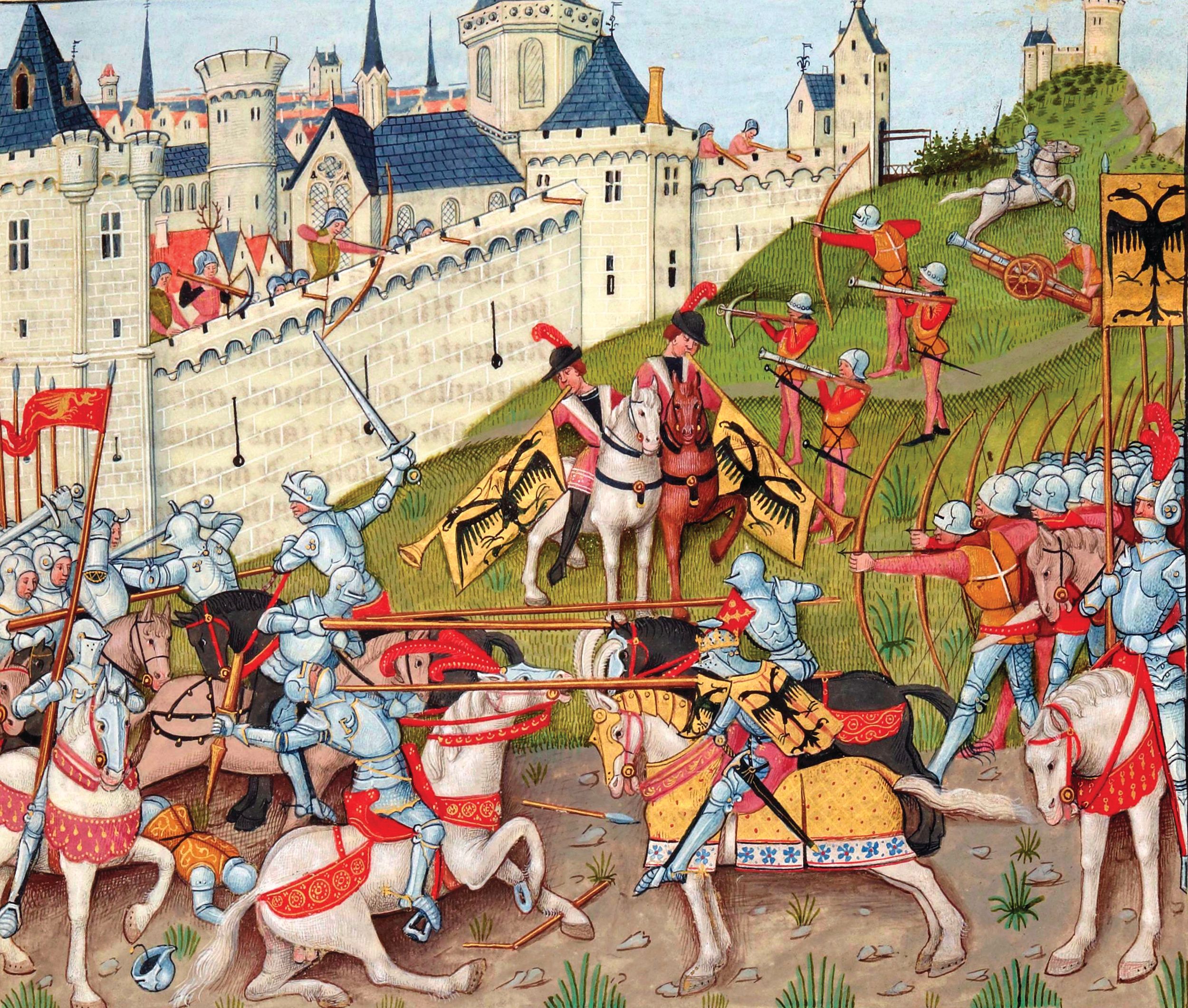 An illuminated manuscript by French artist Robinet Testard anachronistically shows the Battle of Nineveh in 627 CE with the Byzantine and Sasanian combatants clad in 15th-century French armor, weapons, and heraldry, instead of accurate historical equipment. 