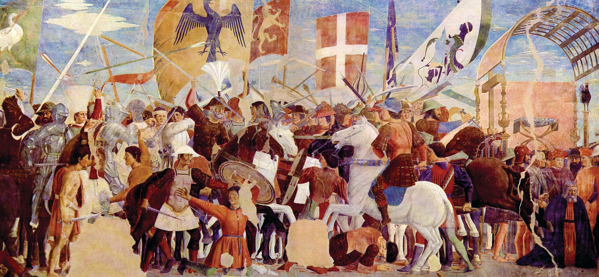 This scene depicting the Battle of Nineveh is part of the “Legend of the True Cross” fresco cycle by Renaissance artist Piero della Francesca. Chosroes II, near defeat, appears to be on his knees at the far right. The frescoes were painted in the 15th century in the Basilica of San Francesco (dedicated to St Francis of Assisi) in Arezzo, Tuscany, Italy. 