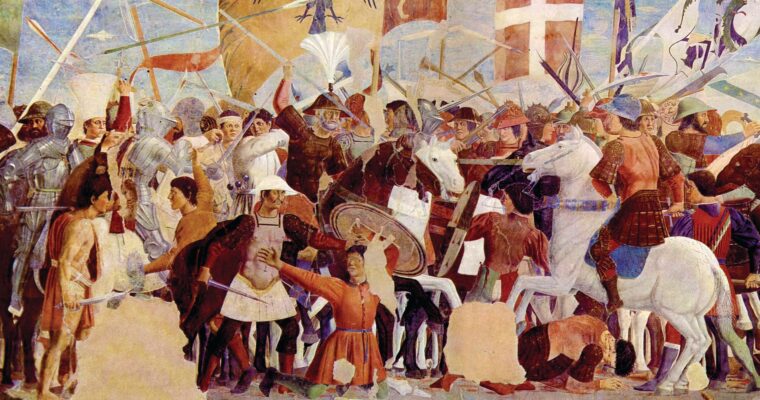 This scene depicting the Battle of Nineveh is part of the “Legend of the True Cross” fresco cycle by Renaissance artist Piero della Francesca. Chosroes II, near defeat, appears to be on his knees at the far right. The frescoes were painted in the 15th century in the Basilica of San Francesco (dedicated to St Francis of Assisi) in Arezzo, Tuscany, Italy.