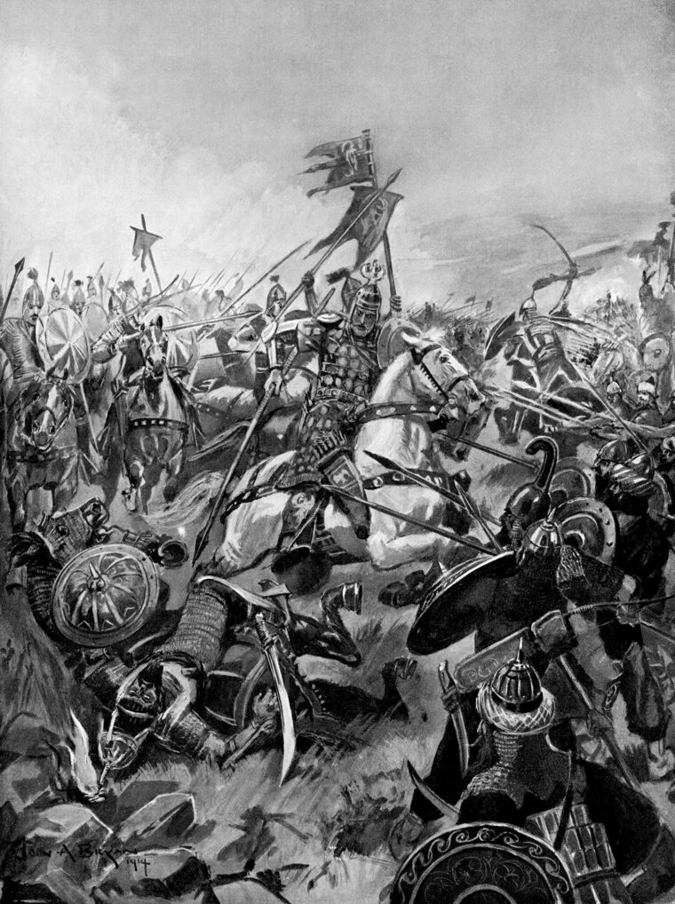 In this 20th century illustration, The victory of Heraclius at The Battle of Nineveh, the climactic battle of the Byzantine-Sassanid War, 602-628, Heraclius, leading from the front, strikes down Rhazates. Some historic sources have suggested that Rhazates sought to end the conflict in single-combat with Heraclius. 