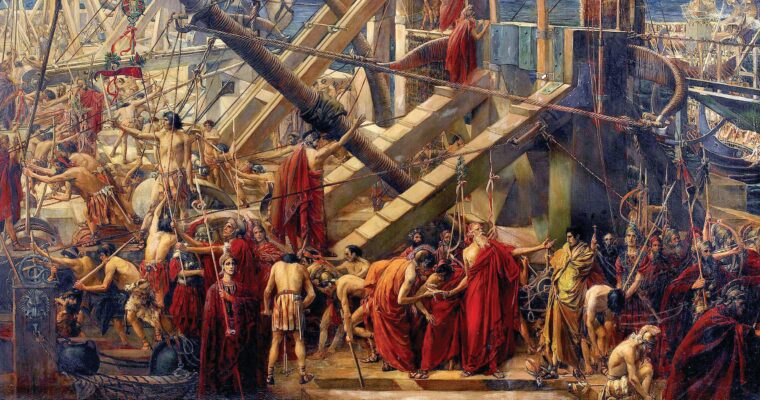 The white-bearded Archimedes (bottom, right), Greek mathematician, physicist, engineer, astronomer, and inventor, directs the defense of his home city of Syracuse against the Roman attack.