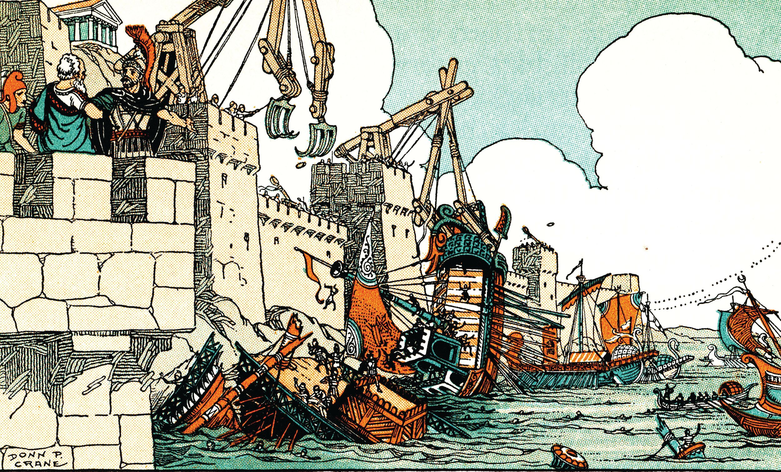 This illustration by Donn P. Crane shows how the Claw of Archimedes, also known as the “Iron Hand,” might have been used to capsize attacking Roman ships during the siege of Syracuse (213-212 BCE) during the Second Punic War.