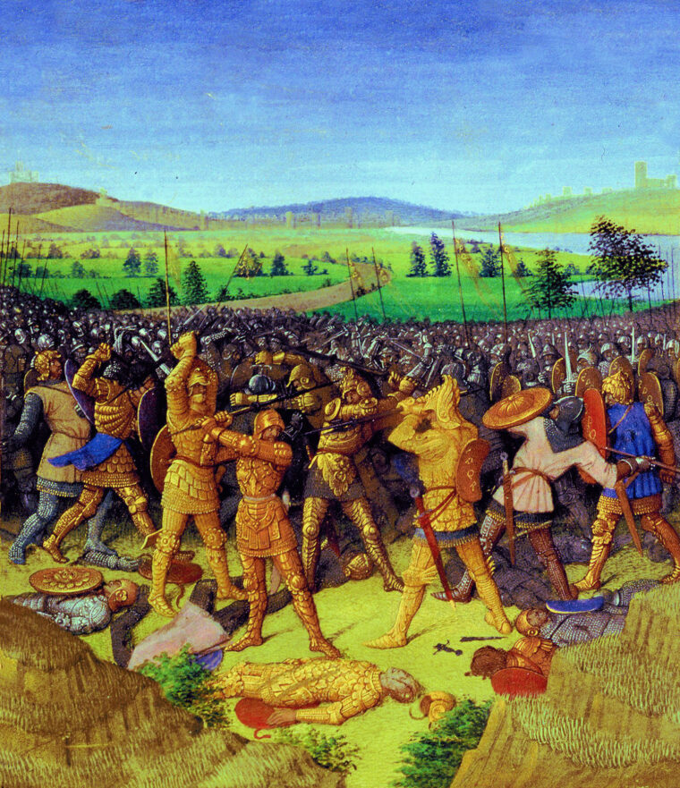 This 15th century manuscript illumination by Jean Fouquet most likely depicts the Battle of Cannae (August 2, 216 BCE) on the Italian peninsula during the Second Punic War between Rome and Carthage. 