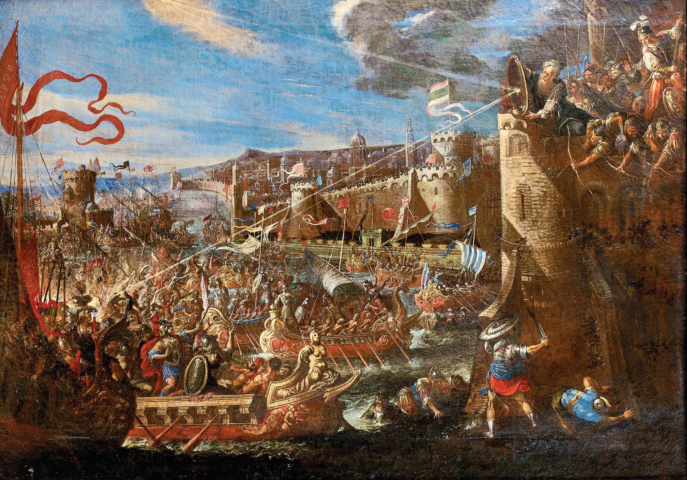 The painting Archimedes at the Siege of Syracuse, attributed to Scipione Compagno (1624-1680), shows an interpretation of an idea mentioned in the 2nd century CE, by Roman satirist Lucian, who wrote that Archimedes set fire to the ships of Marcus Claudius Marcellus through “artificial means.” Lucian never mentioned mirrors or lenses, but that idea remains popular, though unlikely, to this day. 
