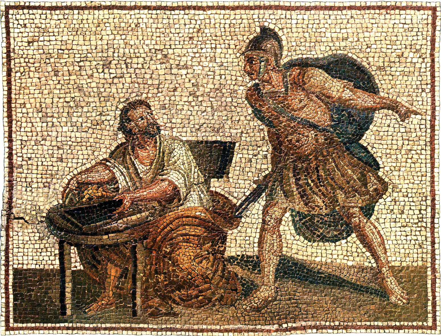As the Roman Consul Marcus Claudius Marcellus laid siege to the Hellenistic city of Syracuse (213-212 BCE) during the Second Punic War, he gave orders that Archimedes be spared, but he was not. This Mosaic depicting the Greek mathematician and physicist Archimedes and a Roman soldier depicts one possible scenario of his death, though the exact details were not recorded. On display at the Liebieghaus Sculpture Collection in Frankfurt, Germany, the mosaic was thought to be original Roman art, but research suggests it dates to the 18th century. 