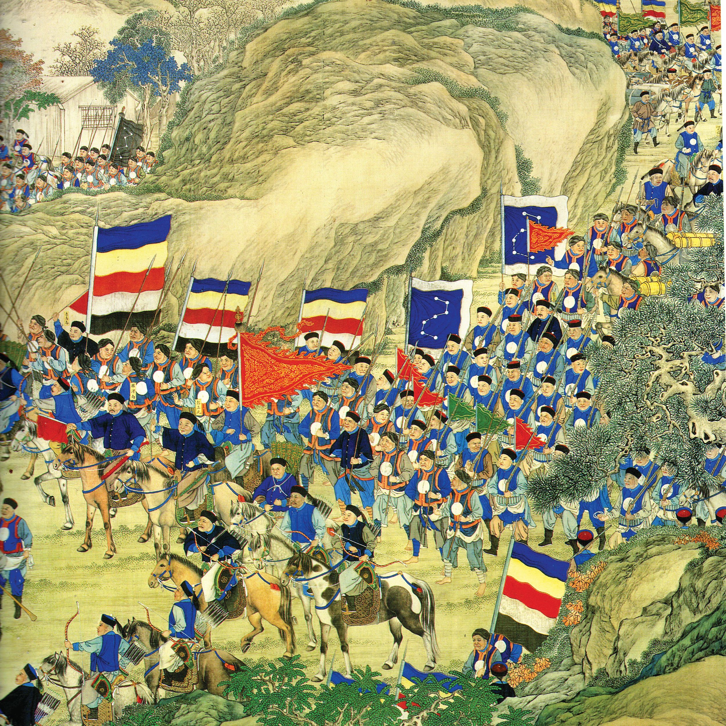 Detail of a painted scroll depicting the Battle of Tongcheng during the Taiping Rebellion (1850-1864), a civil war in China against the ruling Manchu-led Qing Dynasty, led by Hong Xiuquan—who believed he was the brother of Jesus Christ. An estimated 20 million died during the conflict.