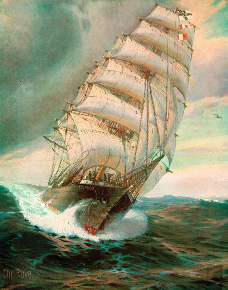 SMS Seeadler, by German marine artist Christopher Rave. Under Felix von Luckner, the sailing commerce raider “Sea Eagle” would capture 15 ships in about seven months during World War I.