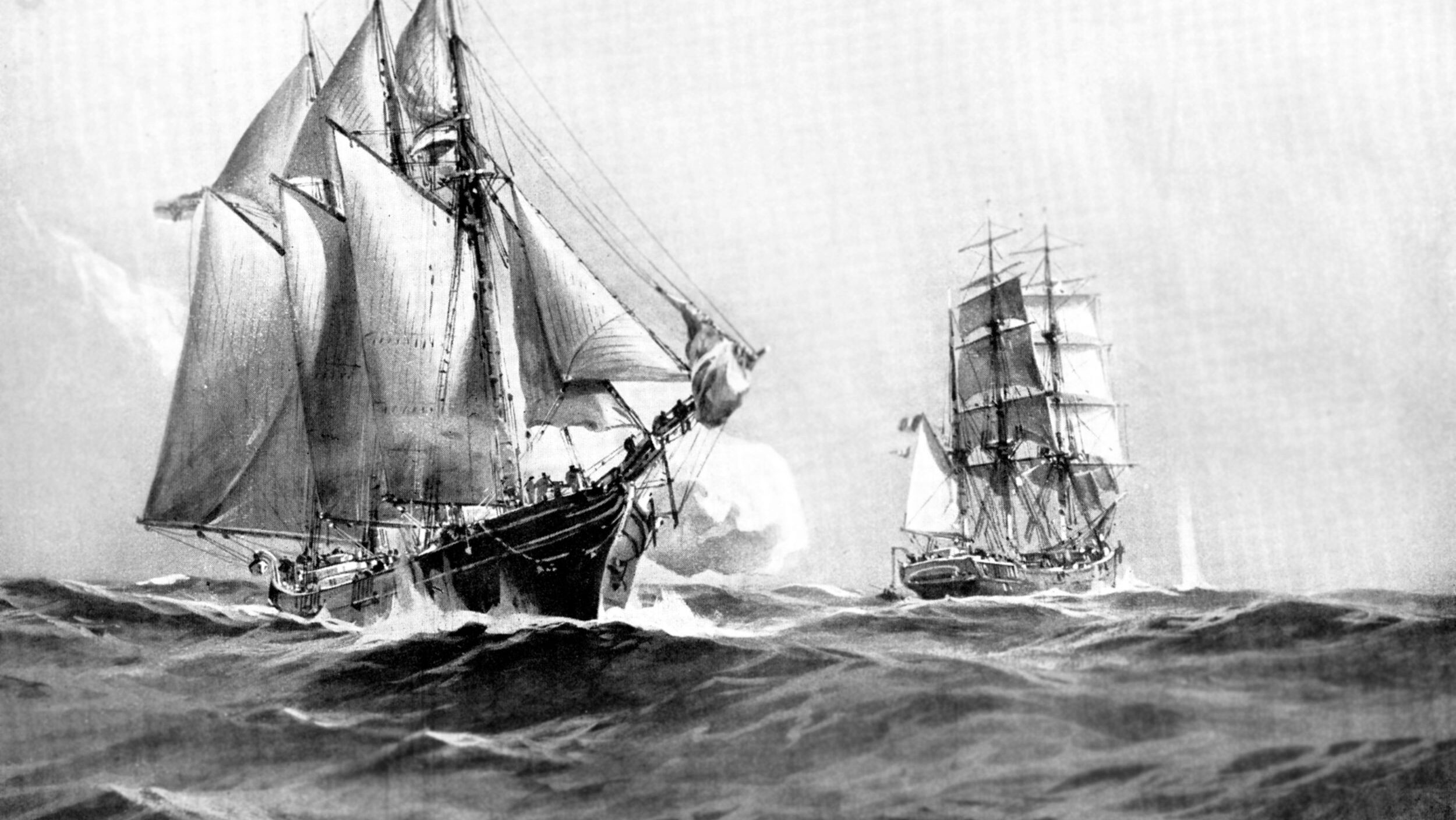 At left, the Imperial German Navy’s sailing commerce raider SMS Seeadler (Sea Eagle) moves to capture the French bark Cambronne off the coast of Brazil on March 20, 1917.