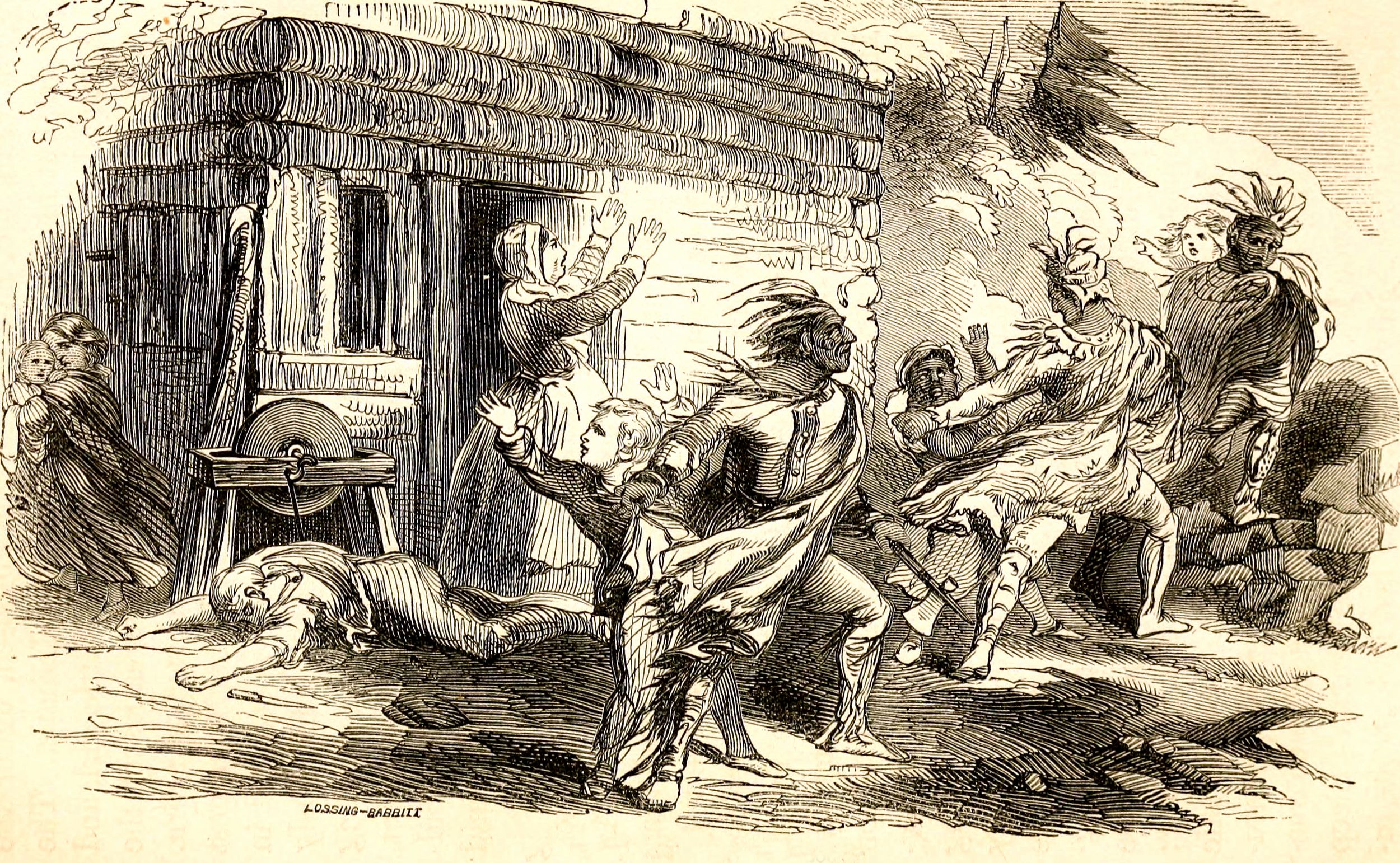 This 1858 engraving depicts three Delaware (Lenape) warriors raiding a Quaker family farm in Wilkes-Barre, Pennsylvania, on November 2, 1778. Five-year-old Frances Slocum (far right) and her brother Ebenezer, center left, were abducted, though he was quickly released. Frances was adopted by a Delaware chief and later married a man who became a chief in the Miami tribe in Indiana. 
