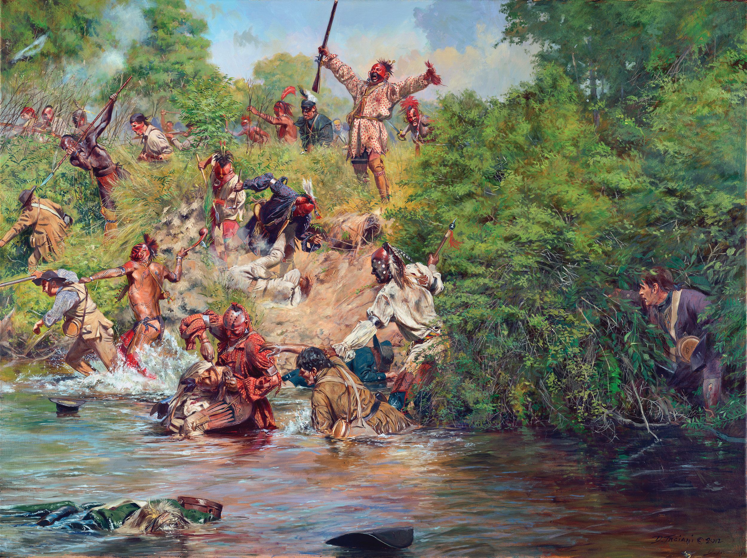Historical artist Don Troiani’s painting depicts warriors of the Iroquois Confederacy attacking Patriot militia on the bank of the Susquehanna River as they try to escape the battle. At right, hiding in the brush, is Ensign Daniel Downing, who served with the first company of the 24th Connecticut Militia Regiment. 