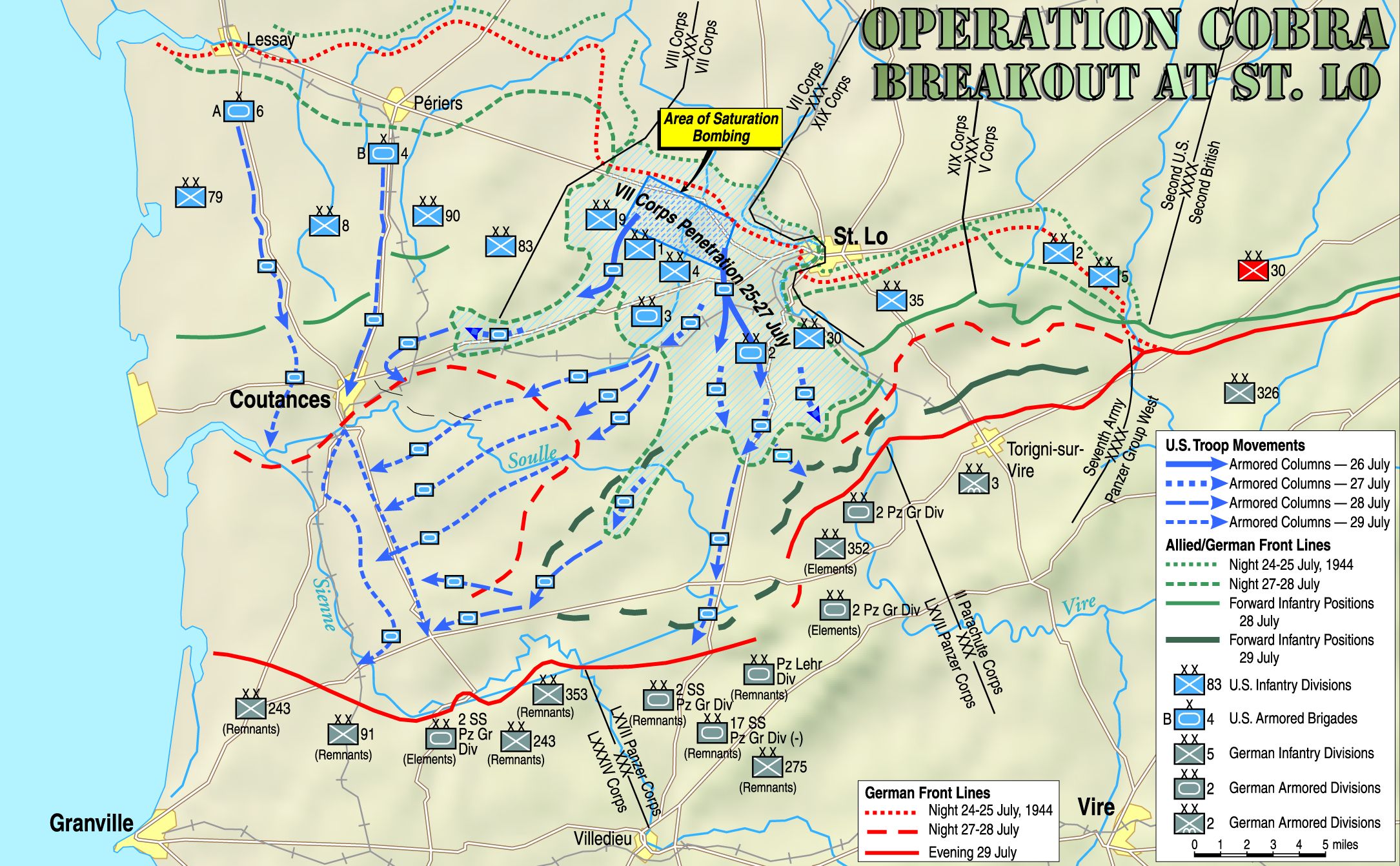 The carpet bombing of Operation Cobra broke the stalemate at the crucial crossroads town of St. Lo where the German Panzer Lehr Division blocked the path of Gen. Omar Bradley’s Twelfth Army out of the Cotentin Peninsula. Once through, the Americans were able to make large territorial gains relatively quickly. 