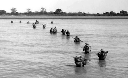 In January 1945 Indian troops wade ashore at Akyab—now Sittwe, Myanmar (formerly Burma)—an estuarial island created at the confluence of the Kaladan, Mayu, and Lay Mro rivers where they reach the Bay of Bengal. The landing was part of Operation Matador, whose goal was to capture Akyab and Ramree Island.