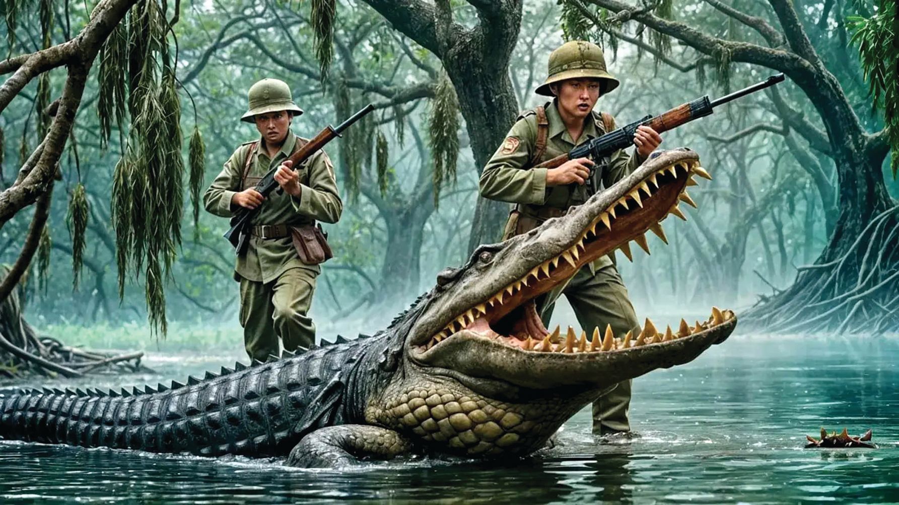 A modern digital illustration imagining an encounter by Japanese soldiers and a giant saltwater crocodile during their escape attempt through the swamps of Burma’s Ramree Island in 1945. The myth of 1,000 Japanese soldiers being killed by crocodiles on Ramree Island—boosted by its appearance in some editions of The Guinness Book of World Records as the “highest number of fatalities in an animal attack—has been dismissed by modern military historians and herpetologists.