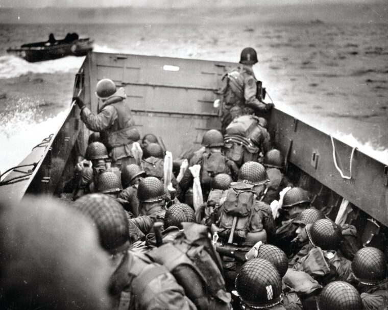 Company A, 116th Infantry Regiment, 29th Infantry Division in a landing craft heading for Omaha Beach in the first wave of the D-Day assault on Normandy.