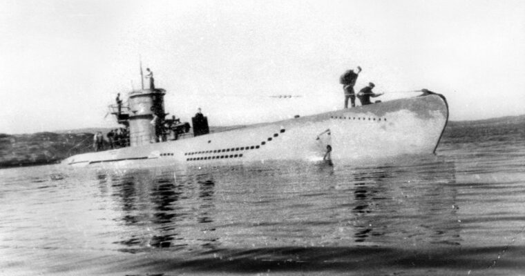 The German submarine, U-451, with its flying fish mascot visible on the conning tower in this undated photo.