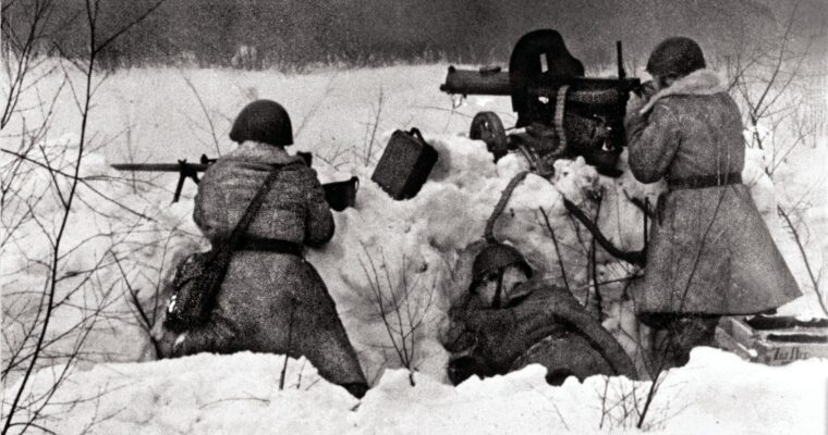 Soviet troops holding off Germans on the outskirts of Moscow during Operation Typhoon, Hitler’s final push for the Russian capital in early December 1941. The Red Army counterattacked and drove Germany’s Army Group Center back some 200 miles, but Stalin demanded a plan to encircle and destroy the Germans—leading to the Vyazma Airborne Operation.