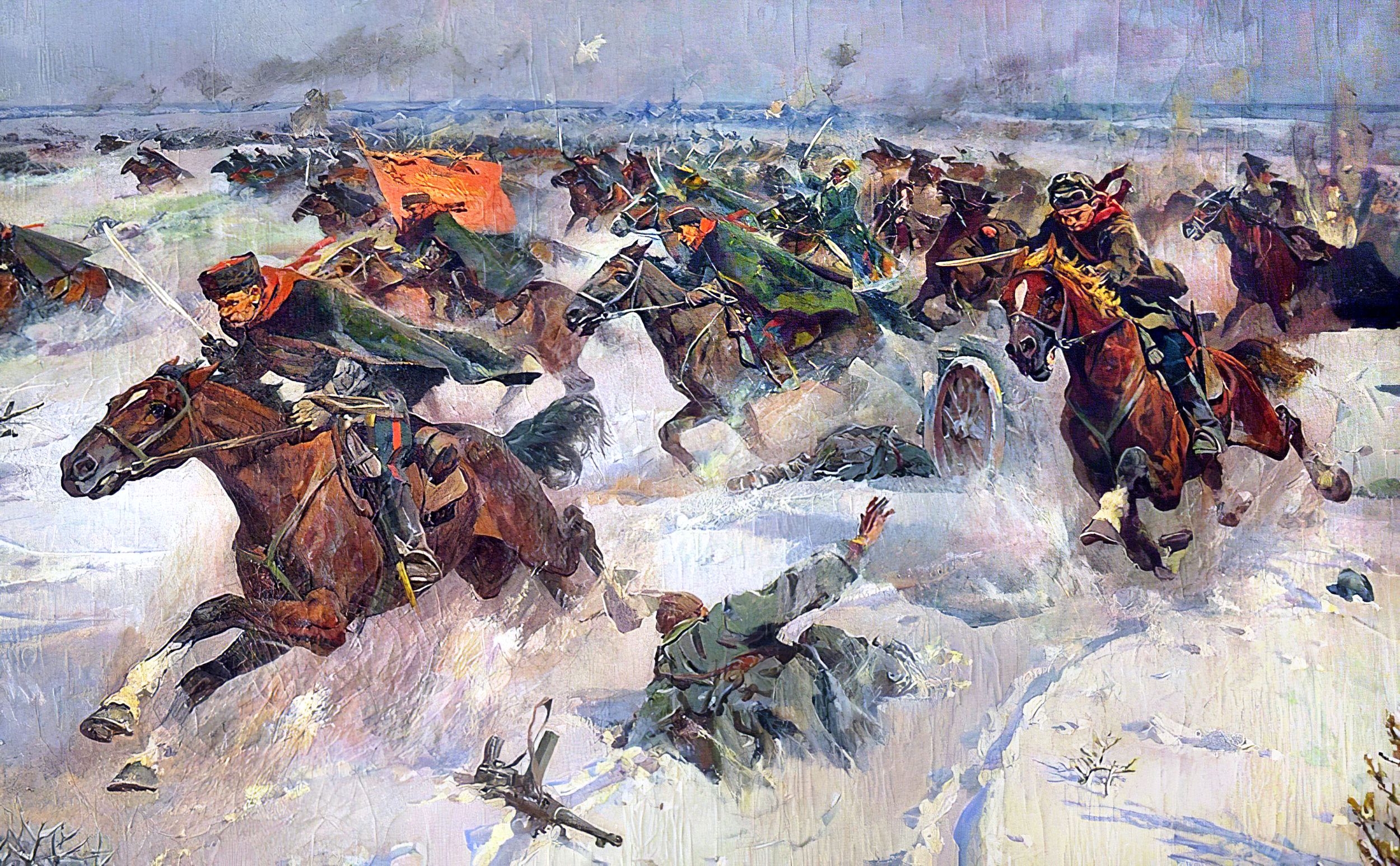A Soviet propaganda poster of heroic cossacks charging against the invading Germans. Formed in August 1941, a cavalry unit commanded by Maj. Gen. Lev Dovator fought in the defense of Moscow. Early in the war, numerous Red Army cavalry divisions acted independently—even mounting sabre charges, despite their vulnerability to machine guns and artillery. Later, these units became part of Cavalry Mechanized Groups equipped with tanks, artillery, and other motorized equipment in addition to their horses. 