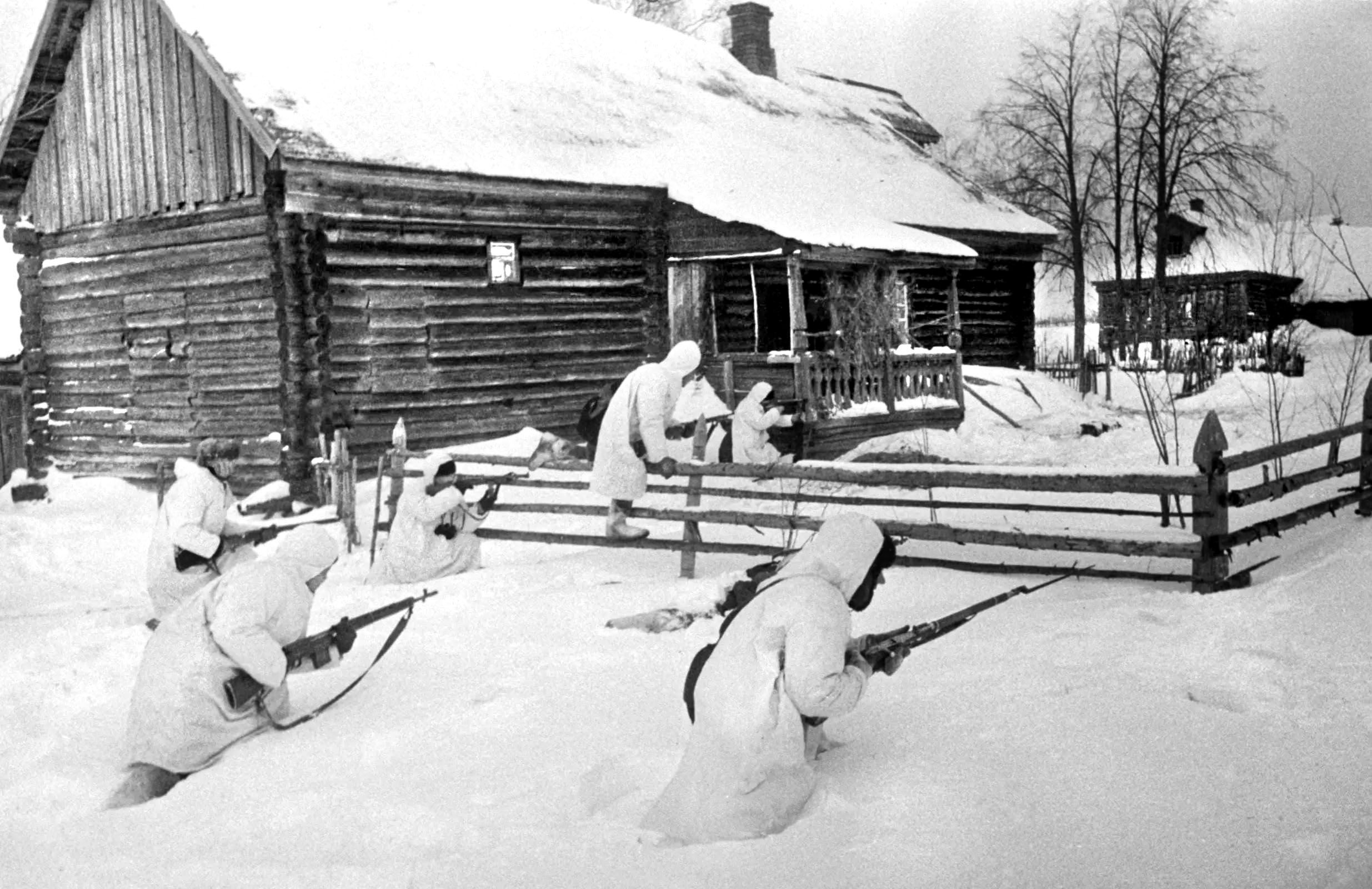 Local Russian partisans on the attack in early 1942. These groups helped find and bring in scattered airborne soldiers and proved effective fighters with the paratroopers and cavalry against German infrastructure and smaller units.