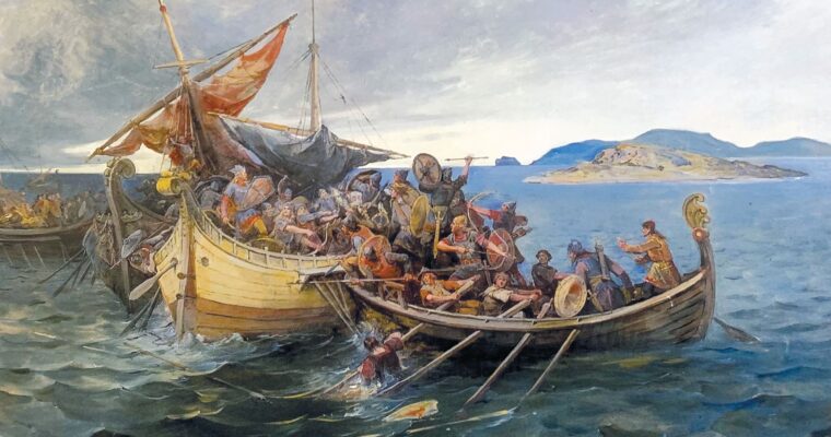 The Battle of Svolder by Norwegian artist Nils Bergslien (1853–1928) depicts a small ship of Jomsvikings, a legendary order of Viking mercenaries attacking the carrying King Olaf Tryggvason of Norway around 1000 in the Baltic Sea. Legend has it that Olaf jumped into the sea rather than be captured.