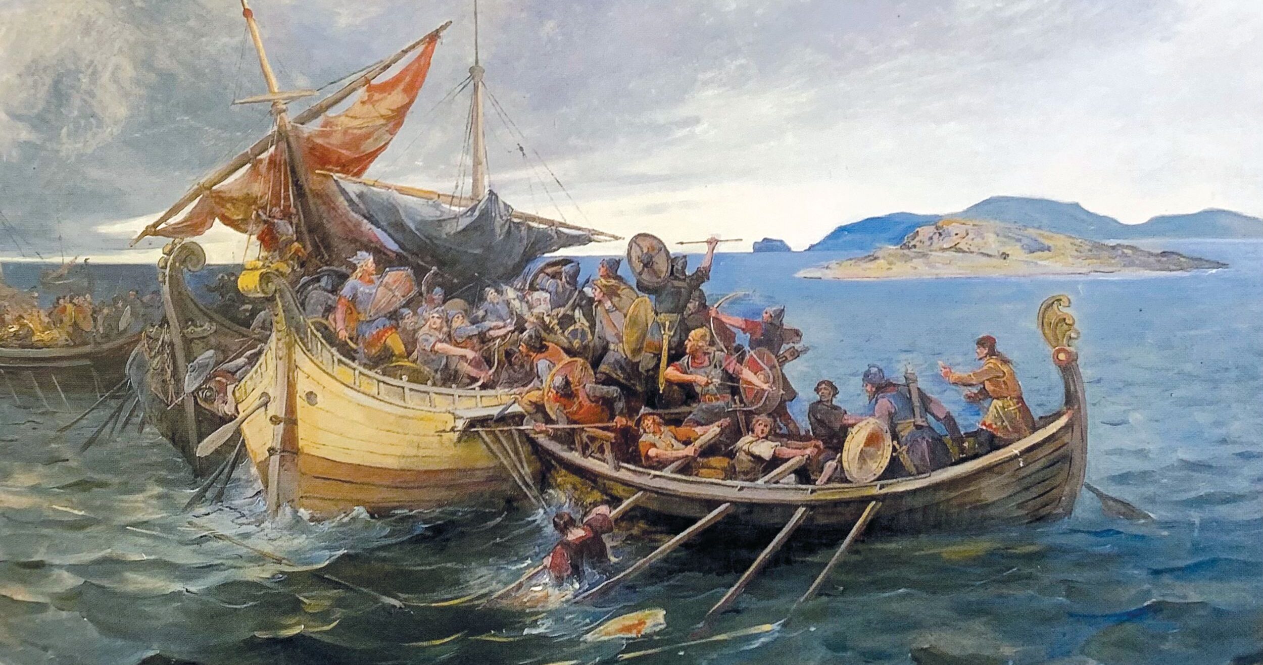 The Battle of Svolder by Norwegian artist Nils Bergslien (1853–1928) depicts a small ship of Jomsvikings, a legendary order of Viking mercenaries attacking the carrying King Olaf Tryggvason of Norway around 1000 in the Baltic Sea. Legend has it that Olaf jumped into the sea rather than be captured.
