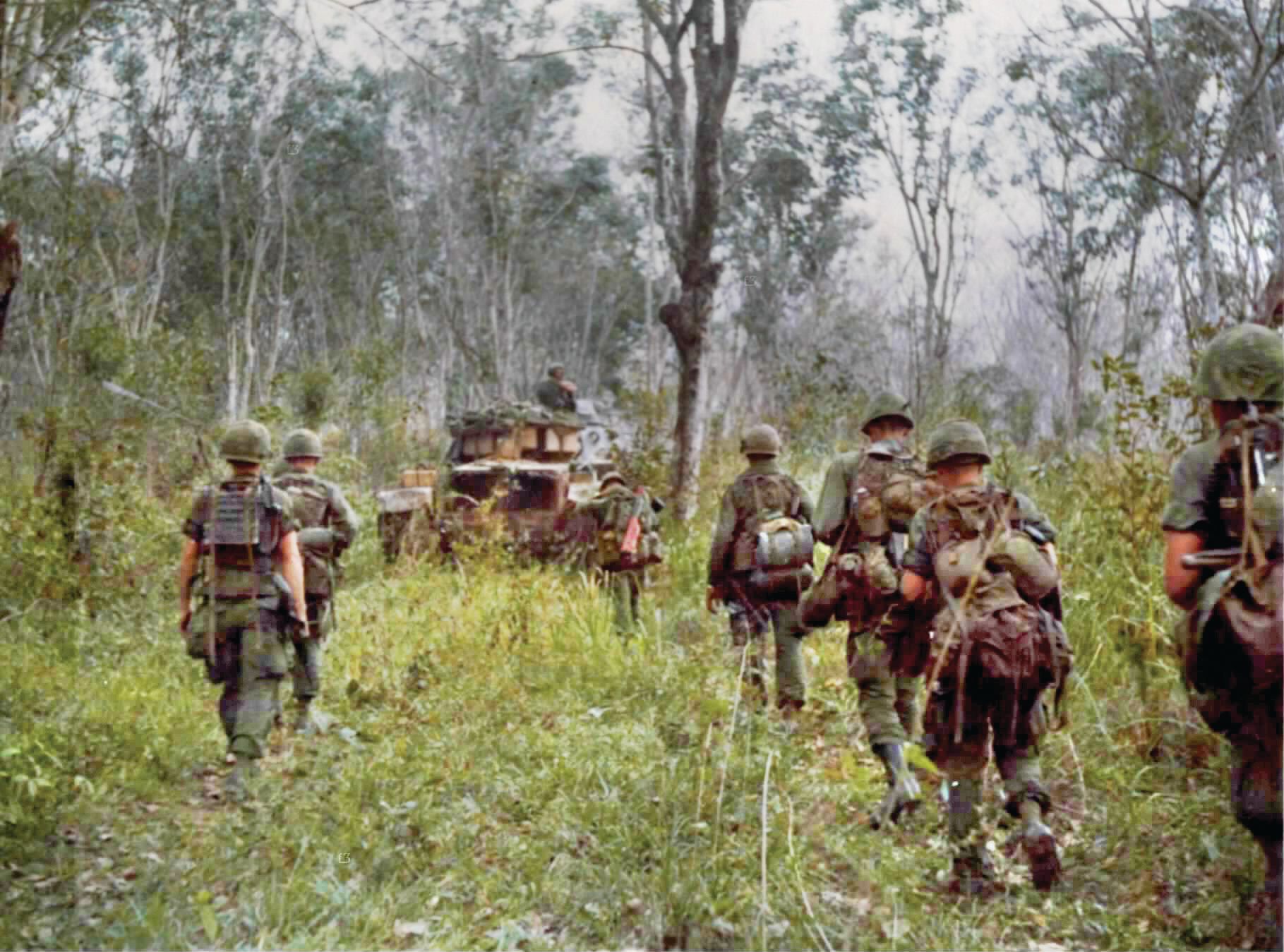 Members of Company A, 2nd Battalion, 503rd Airborne Infantry, 173rd Airborne Brigade, follow an 11th Armored Cavalry Regiment tank in the Thanh Dien Forestry Reserve on the northern border of the infamous “Iron Triangle” in January 1967. Just 12 miles northwest of Saigon, this heavily fortified area between the Tinh and Saigon rivers, sometimes called “a dagger pointed at Saigon,” was home to the regional Viet Cong headquarters—directing military and terrorist activities in and around South Vietnam’s capital.