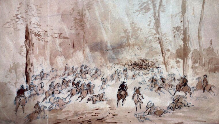 A drawing of the 92nd Illinois Mounted Infantry by John Hillen, a soldier in the unit before he was wounded and discharged.